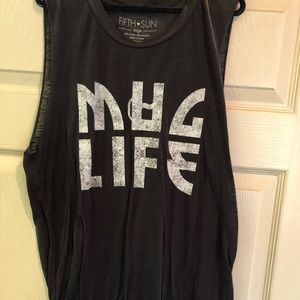 Fifth Sun Dark Gray Mug Life Sheer Tank